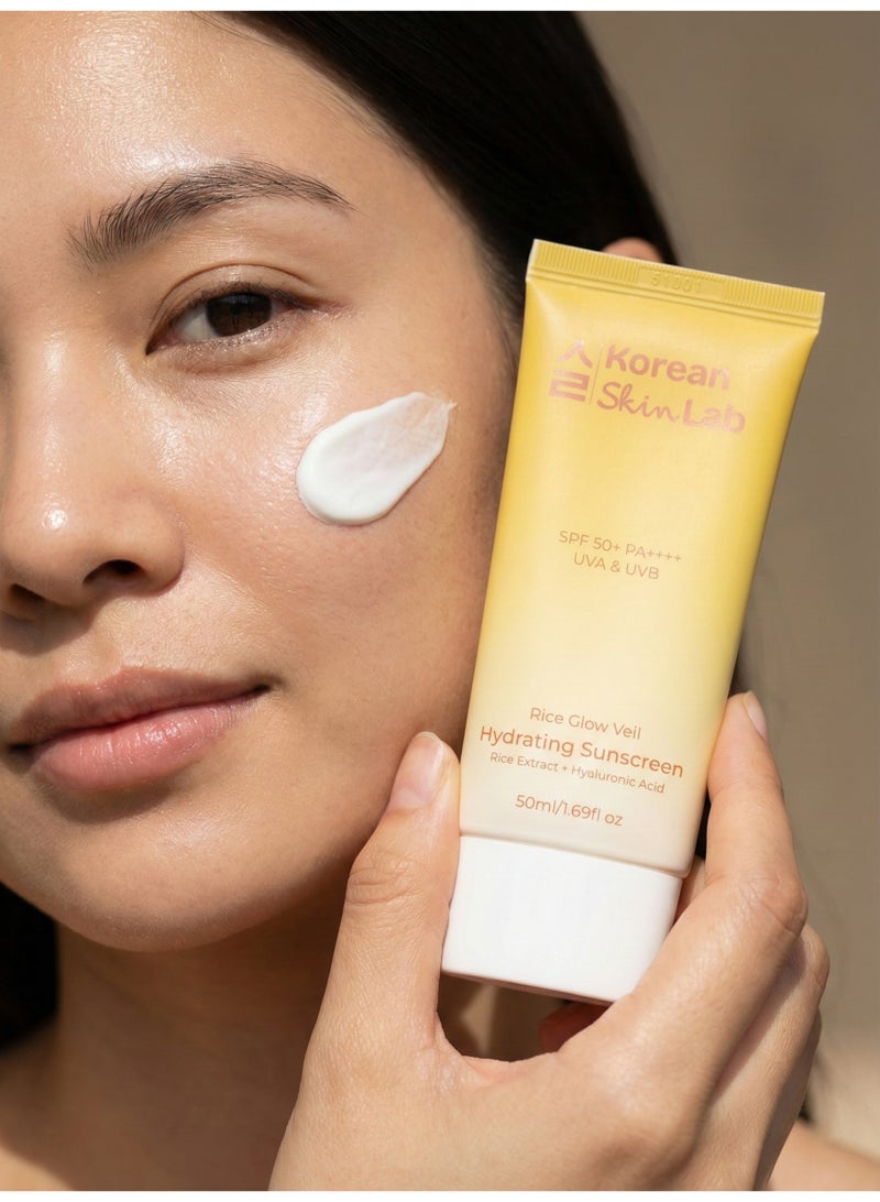 Korean Skin Lab Rice Glow Veil Hydrating Sunscreen SPF 50+ PA++++ (50ml). No White Cast Daily Sun Block with Rice Extract & Hyaluronic Acid. Reef-Safe, Non-Sticky, Alcohol-Free. K-Beauty - Image 2