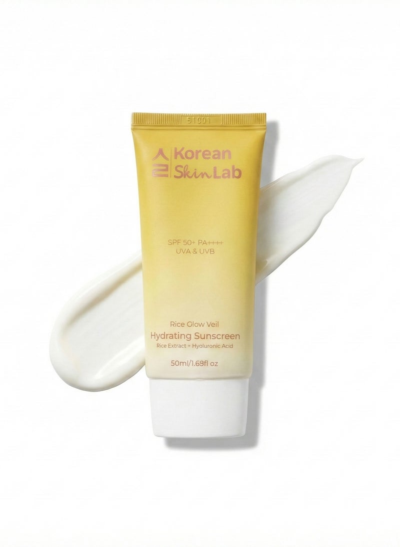 Korean Skin Lab Rice Glow Veil Hydrating Sunscreen SPF 50+ PA++++ (50ml). No White Cast Daily Sun Block with Rice Extract & Hyaluronic Acid. Reef-Safe, Non-Sticky, Alcohol-Free. K-Beauty - Image 1