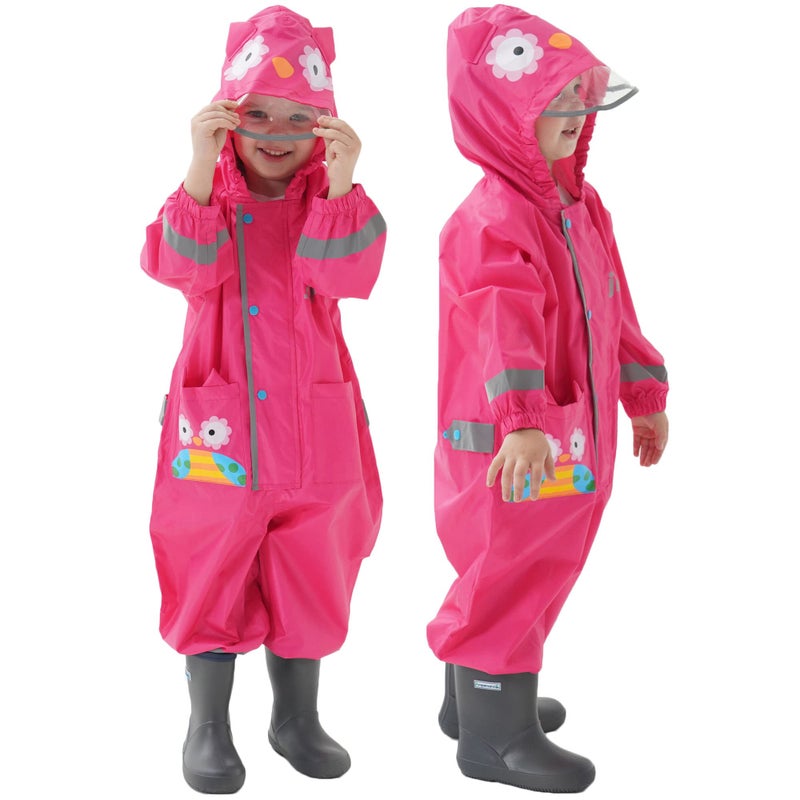 Fewlby Kids Toddler Rain Suit for boys girls One Piece Hoodie Zipper Cute Cartoon Owl Waterproof Rain Jacket 25 years M Size