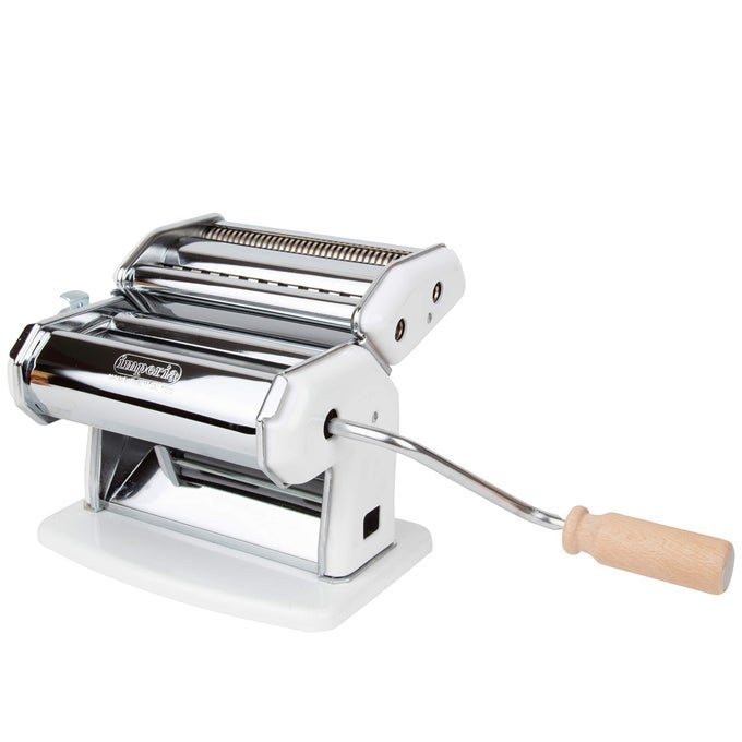 PASTA MAKER MACHINE WHITE MADE IN ITALY HEAVY DUTY STEEL CONSTRUCTION W EASY LOCK DIAL WOOD GRIP HANDLE FOR AUTHENTIC ITALIAN PASTA NOODLE COOKING HOMEMADE HOLIDAY COOKING ENTERTAINING