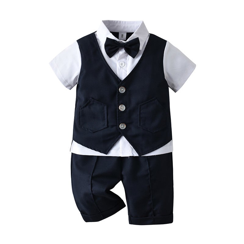 إسكدنيا Boys Summer Suit Short Sleeve Gentleman Bowtie Set Navy blue - Image 1