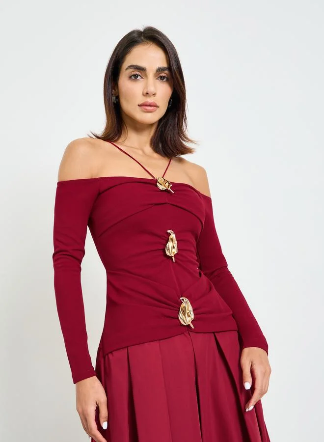 تايك تو Burgundy Embellished A-Line Midi Dress with Off-Shoulder Long Sleeves
