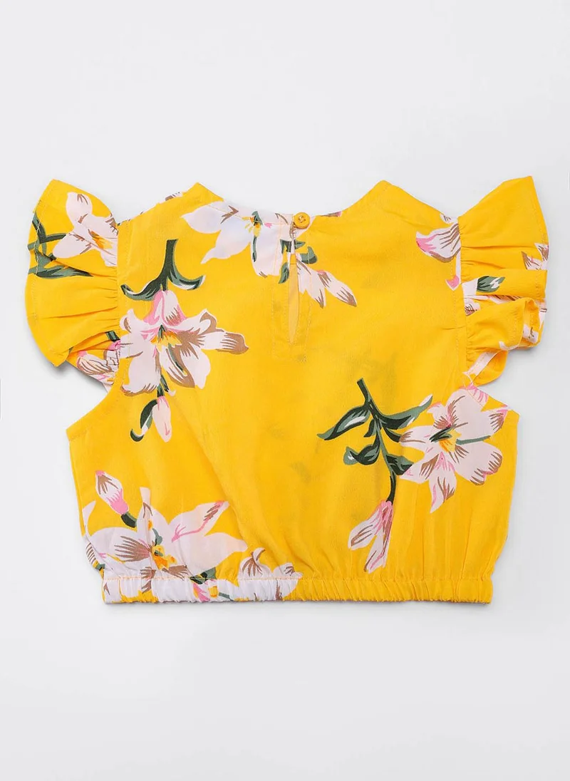 Nautinati Nautinati Girls’ Yellow Floral Print Cotton Ruffle Sleeve Clothing Set