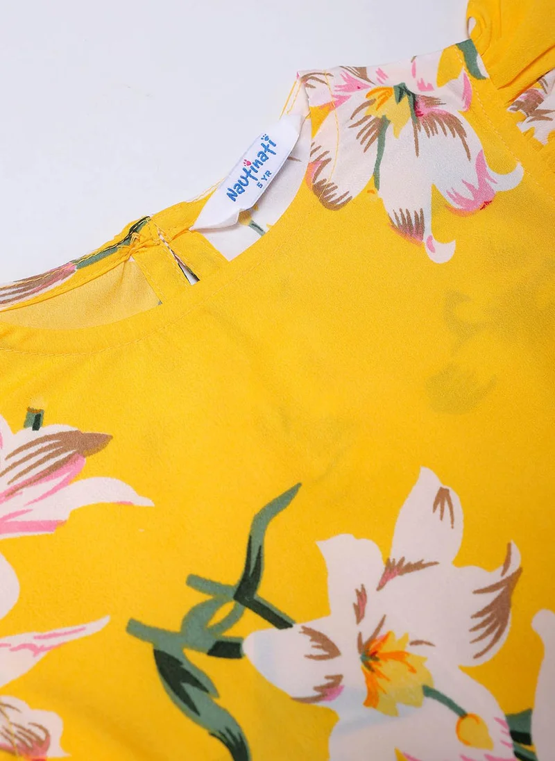 Nautinati Nautinati Girls’ Yellow Floral Print Cotton Ruffle Sleeve Clothing Set