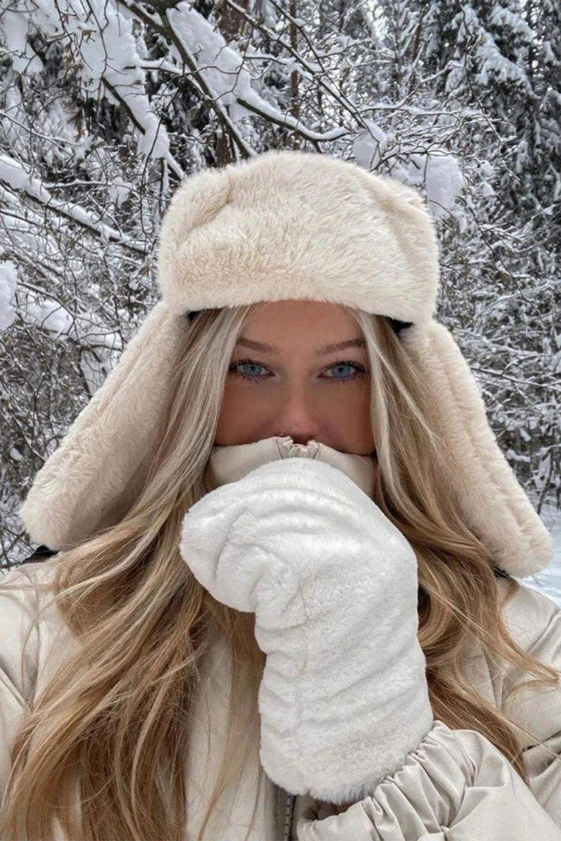 Bahels Beige Plush Ear Clip-on Beret Pilot Hat