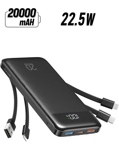 Charmast Power Bank with Built in Cables, 20000mAh USB C Battery pack 5 Outputs 4 Inputs with LED Display Type C Powerbank,22.5W Fast Charging Portable Charger Compatible with Smartphones and More