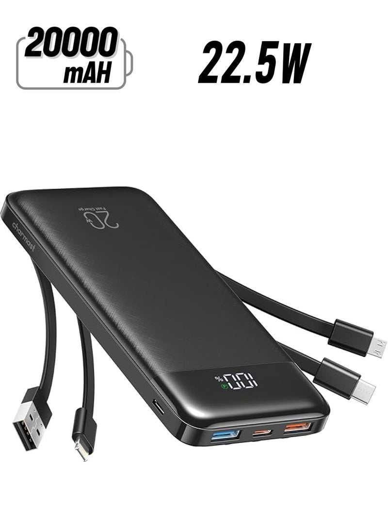 Charmast Power Bank with Built in Cables, 20000mAh USB C Battery pack 5 Outputs 4 Inputs with LED Display Type C Powerbank,22.5W Fast Charging Portable Charger Compatible with Smartphones and More