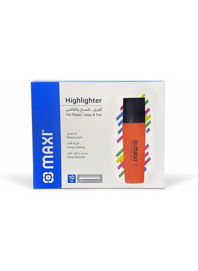 Maxi Super Fluorescent Premium Highlighter Box Of 10Pc Orange Ultra Smooth For Paper Copy And Fax  - Image 1