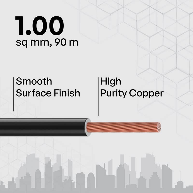 Polycab Etira 1sqmm 90M coil | Flame Retardant | 99.97% high purity copper | PVC insulated housewire [Black] - Image 2