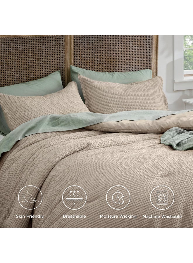 Bedsure Bedsure Waffle Comforter Set King, Khaki Soft Cotton Bedding Set for All Seasons, Waffle Weave Bed Set, 3 Pieces, 1 Comforter (104"x90") and 2 Pillow Shams, Premium Cotton Cover with Polyester Fill  - Image 4