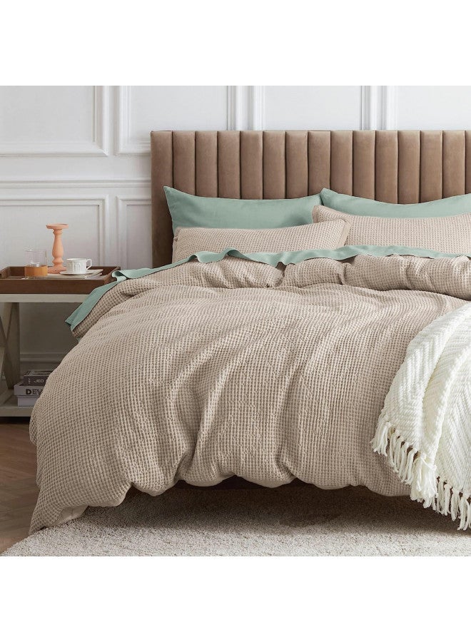 Bedsure Bedsure Waffle Comforter Set King, Khaki Soft Cotton Bedding Set for All Seasons, Waffle Weave Bed Set, 3 Pieces, 1 Comforter (104"x90") and 2 Pillow Shams, Premium Cotton Cover with Polyester Fill  - Image 1
