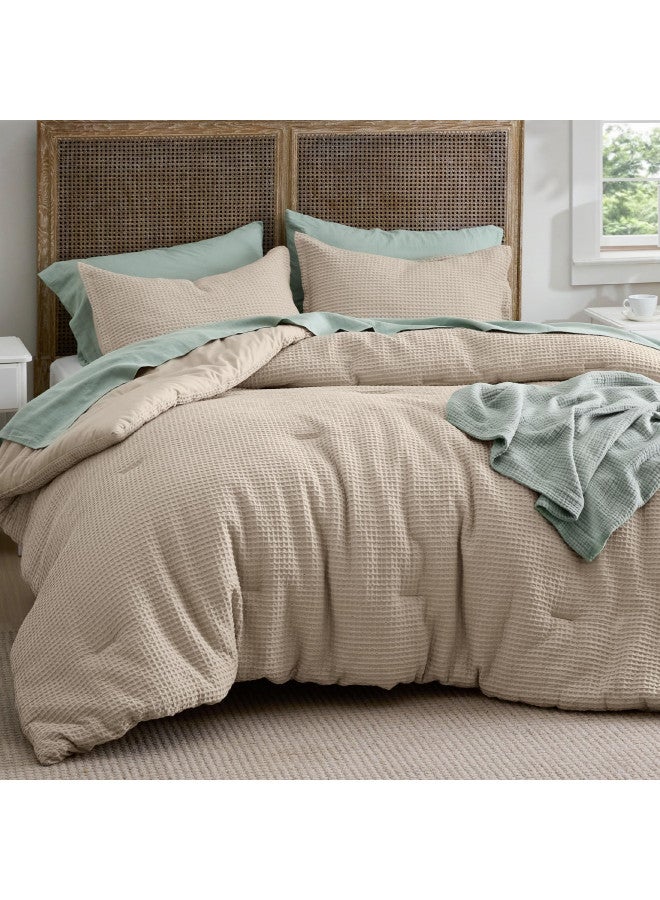 Bedsure Bedsure Waffle Comforter Set King, Khaki Soft Cotton Bedding Set for All Seasons, Waffle Weave Bed Set, 3 Pieces, 1 Comforter (104"x90") and 2 Pillow Shams, Premium Cotton Cover with Polyester Fill  - Image 2