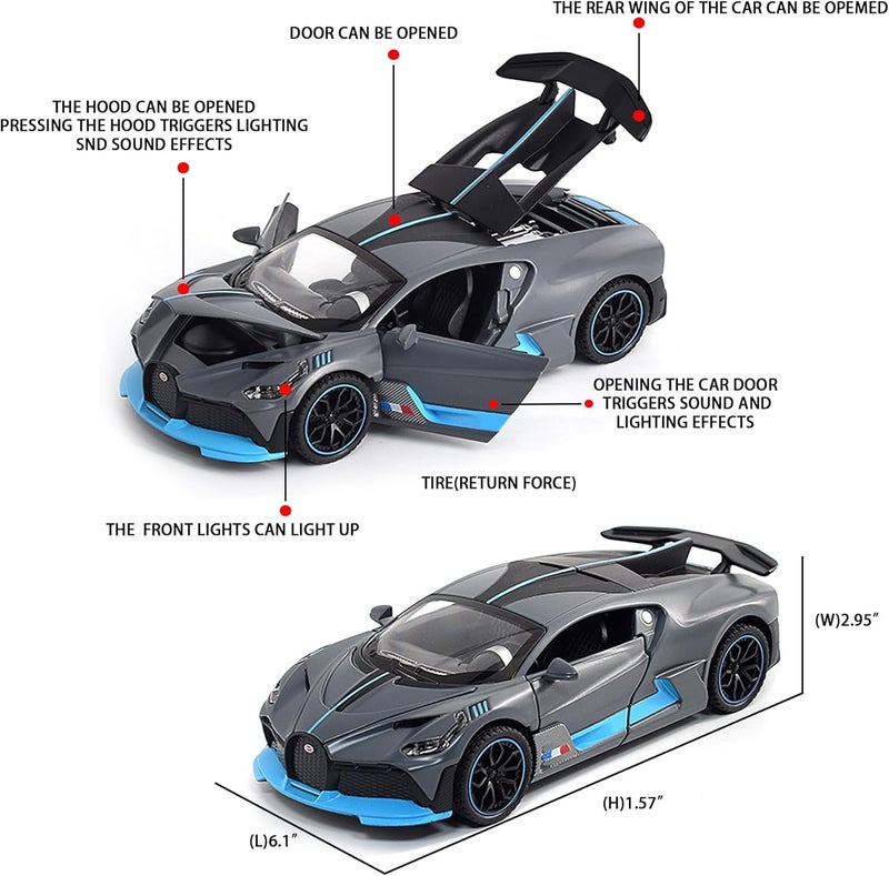 FEXXA Exclusive Alloy Metal Pull Back Die-cast Car Model With Sound Light Mini Auto Toy for Kids (1.32 Scale Bugatti DIVO-Grey-1) [New Model] - Image 4