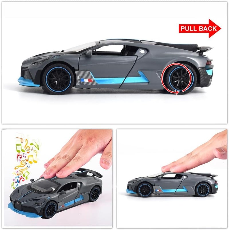 FEXXA Exclusive Alloy Metal Pull Back Die-cast Car Model With Sound Light Mini Auto Toy for Kids (1.32 Scale Bugatti DIVO-Grey-1) [New Model] - Image 5