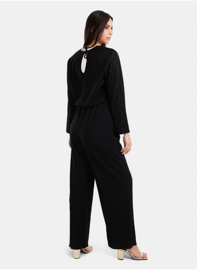 Clue - Black Pleated Satin Jumpsuit - Image 1