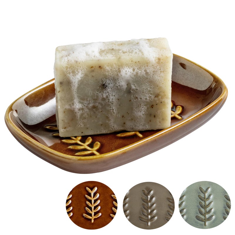 Miamolo Soap Dish for Shower, Ceramic Soap Holder Soap Dishes for Bar Soap Sponge, Decorative Soap Saver Tray for Bathroom Kitchen Sink Bathtub, Pro-Environment, Extend Soap Life, Dark Brown - Image 1