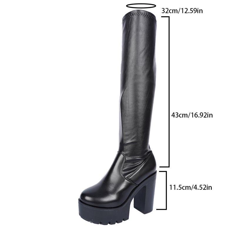 Women’s Stretch Over The Knee Boots, Black Platform Chunky High Heel Tall Boots, Fashionable - Image 1