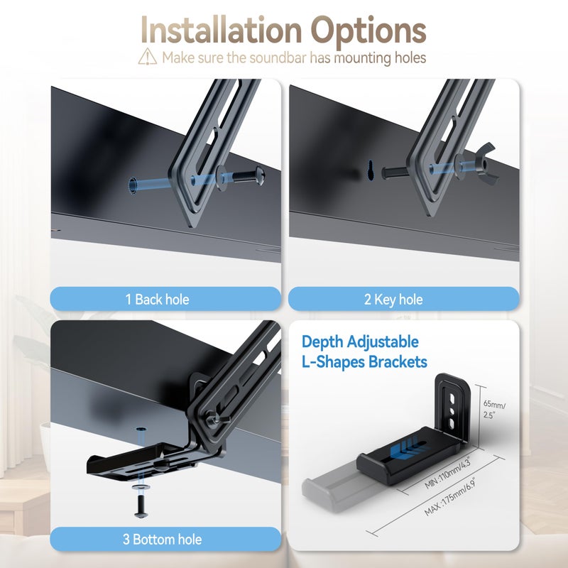 C YECEN Sound Bar Mounts Unter TV or Above TV, Height & Depth Adjustable Soundbar Mountï¼Œwith Detachable Extension Arms and L-Brackets - Image 4