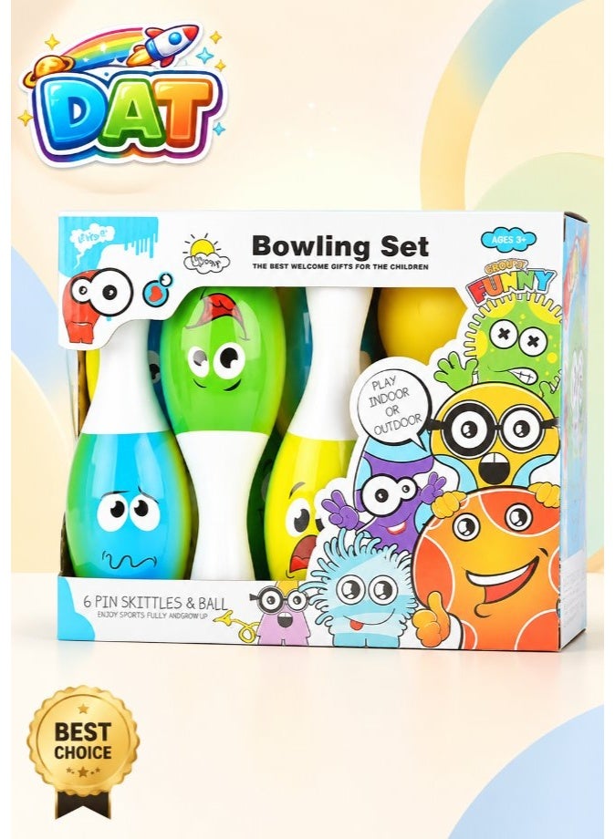 DAT Kids Bowling Set with 6 Colorful Monster Skittle Pins & Ball – Indoor Outdoor Pretend Play Sport Toy - Image 1