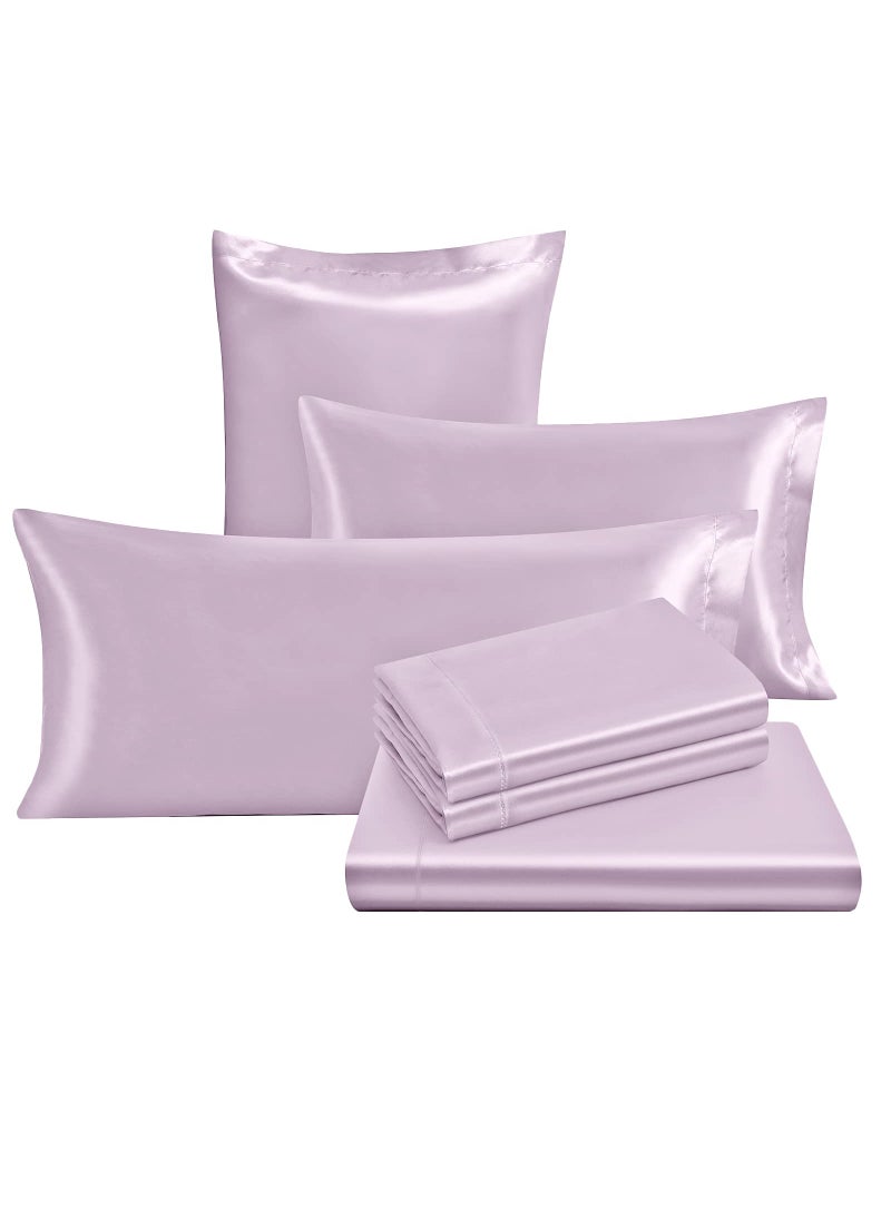 Ersmak 4 Pieces Satin Sheets Set Twin Size  Luxury Silky Lavender Satin Bed Sheets Set with 1 Deep Pocket Fitted Sheet  1 Soft Flat Sheet  1 Queen Pillowcases and 1 Body Pillowcase