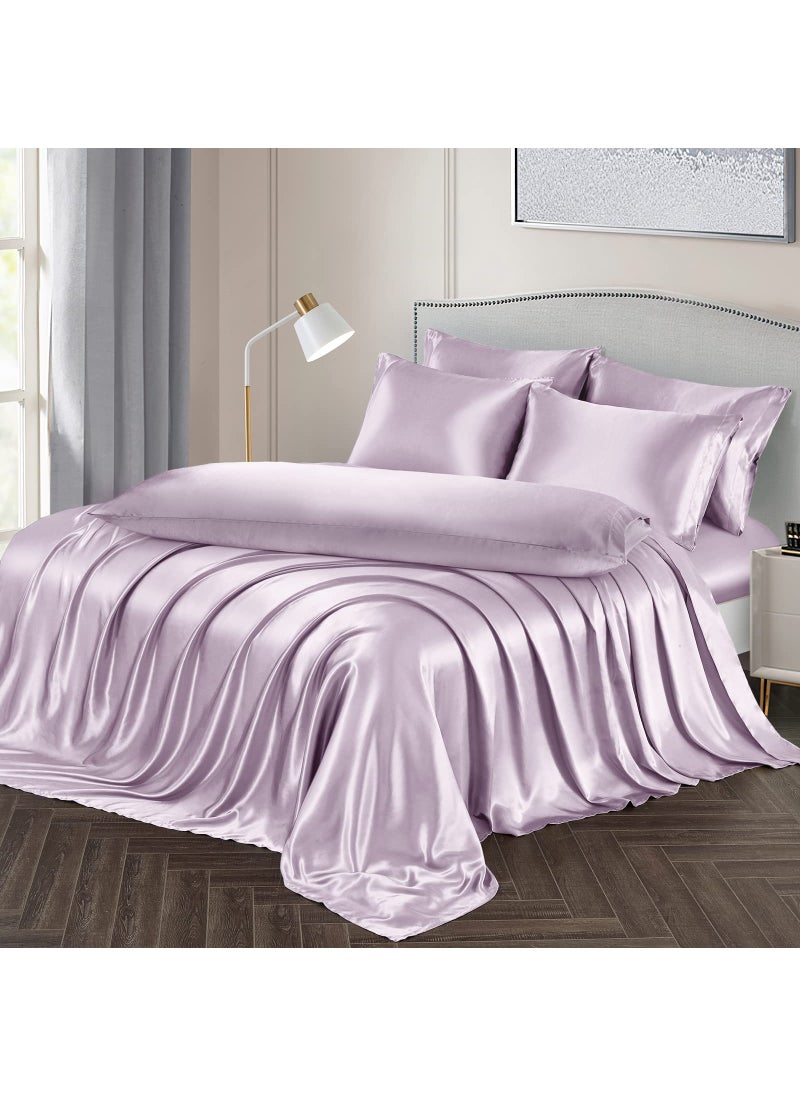 Ersmak 4 Pieces Satin Sheets Set Twin Size  Luxury Silky Lavender Satin Bed Sheets Set with 1 Deep Pocket Fitted Sheet  1 Soft Flat Sheet  1 Queen Pillowcases and 1 Body Pillowcase