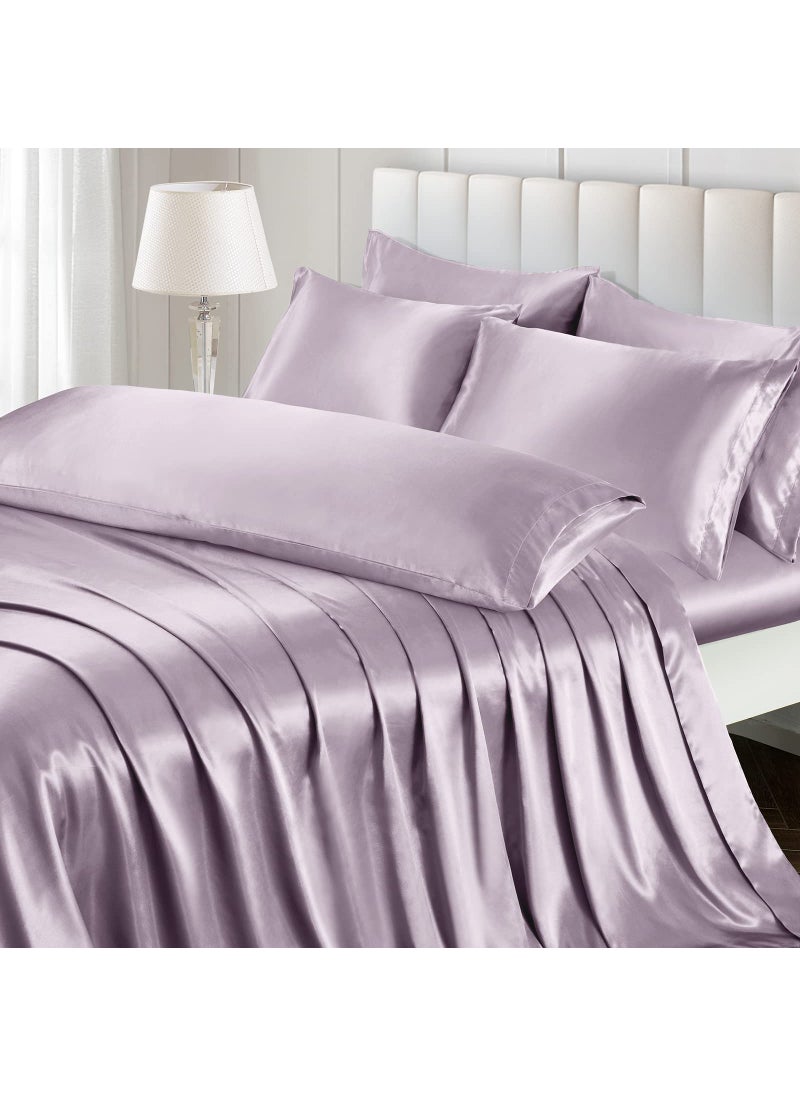 Ersmak 4 Pieces Satin Sheets Set Twin Size  Luxury Silky Lavender Satin Bed Sheets Set with 1 Deep Pocket Fitted Sheet  1 Soft Flat Sheet  1 Queen Pillowcases and 1 Body Pillowcase