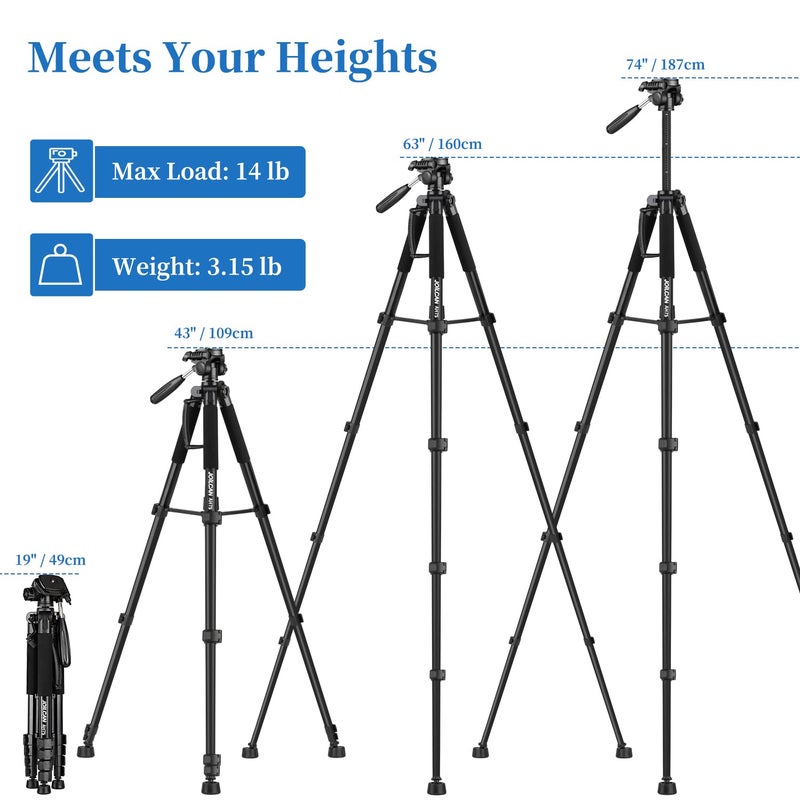 JOILCAN 187 cm Professional Aluminium Tripod Camera with Removable Pan Head with 3 Ways, Portable Photo Tripod with Phone Holder Suitable for DSLR Camcorders, DV - Image 2