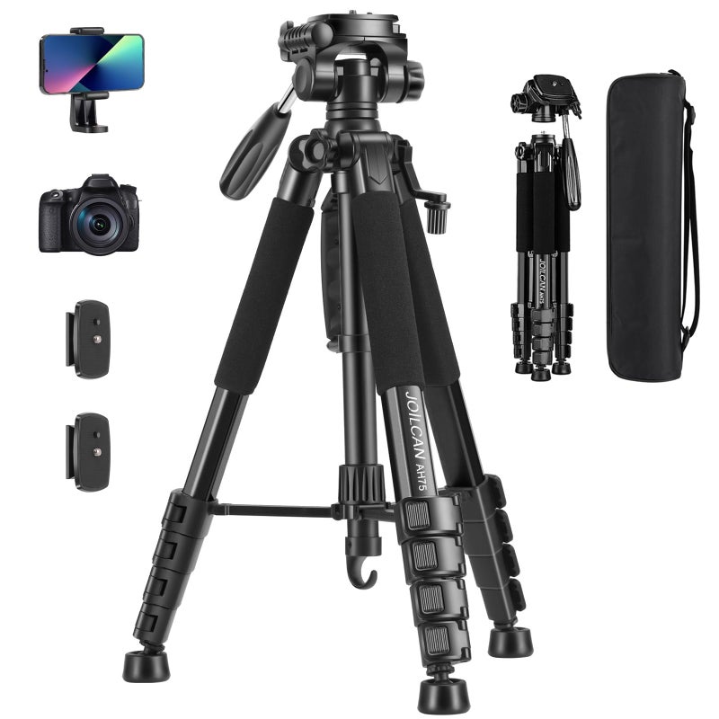 JOILCAN 187 cm Professional Aluminium Tripod Camera with Removable Pan Head with 3 Ways, Portable Photo Tripod with Phone Holder Suitable for DSLR Camcorders, DV - Image 1