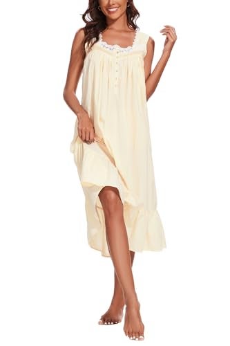AVIIER 100% Cotton Nightgowns for Women Sleeveless Sleep Dress Ladies Gowns Sleepwear with Pockets (Light Yellow, Small) - Image 3