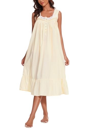 AVIIER 100% Cotton Nightgowns for Women Sleeveless Sleep Dress Ladies Gowns Sleepwear with Pockets (Light Yellow, Small) - Image 2