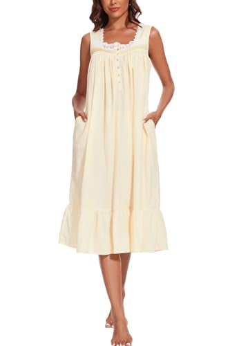 AVIIER 100% Cotton Nightgowns for Women Sleeveless Sleep Dress Ladies Gowns Sleepwear with Pockets (Light Yellow, Small) - Image 4