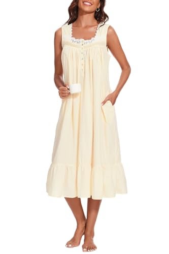AVIIER 100% Cotton Nightgowns for Women Sleeveless Sleep Dress Ladies Gowns Sleepwear with Pockets (Light Yellow, Small) - Image 1