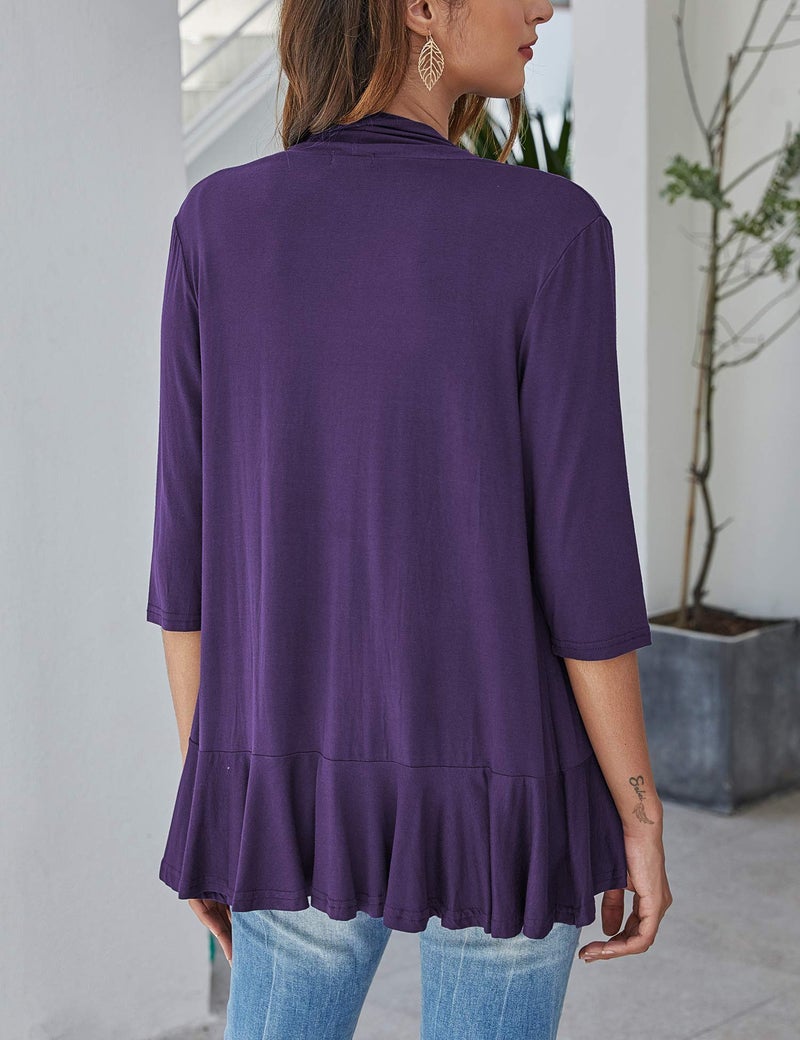 Bluetime Women Casual Lightweight Open Front Cardigans Soft Draped Ruffles 3/4 Sleeve Cardigan (XXL, Purple) - Image 4