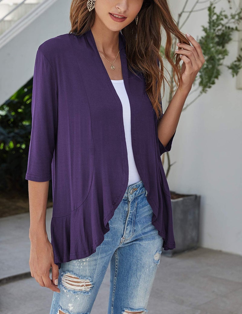 Bluetime Women Casual Lightweight Open Front Cardigans Soft Draped Ruffles 3/4 Sleeve Cardigan (XXL, Purple) - Image 2