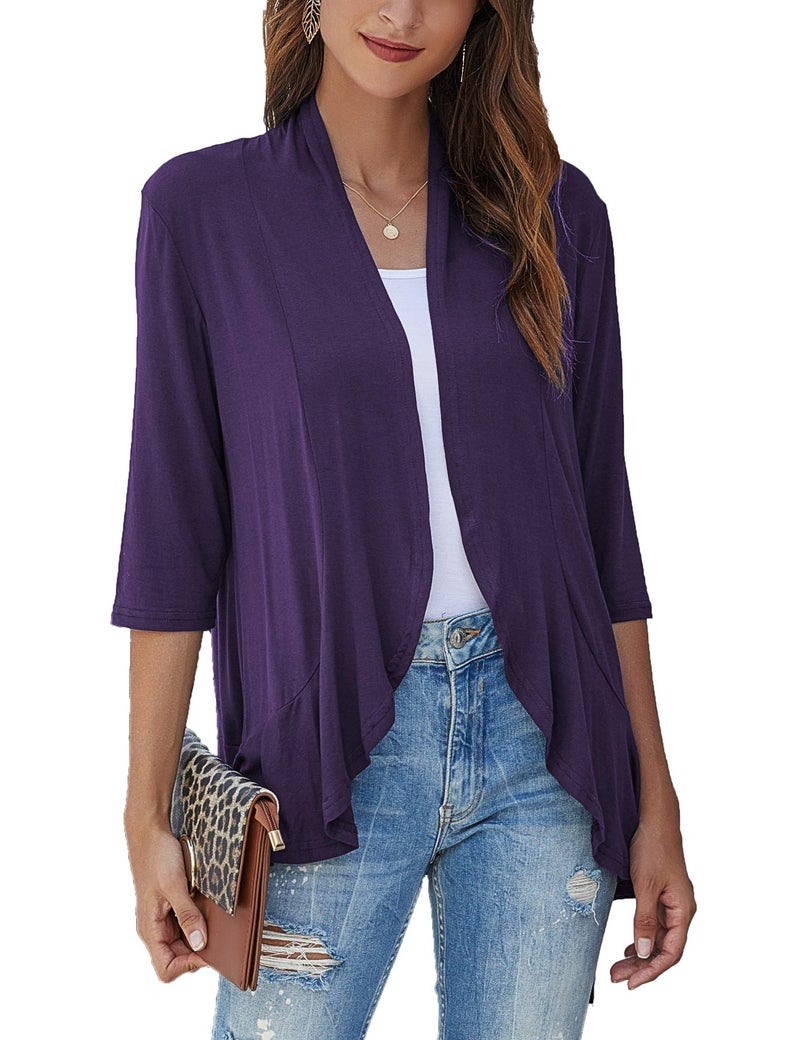 Bluetime Women Casual Lightweight Open Front Cardigans Soft Draped Ruffles 3/4 Sleeve Cardigan (XXL, Purple) - Image 5