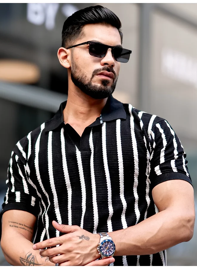 مانياك تيشيرت بولو رجالي مقلم عمودي بأكمام 3/4 أسود بولي قطن مقاس كبير