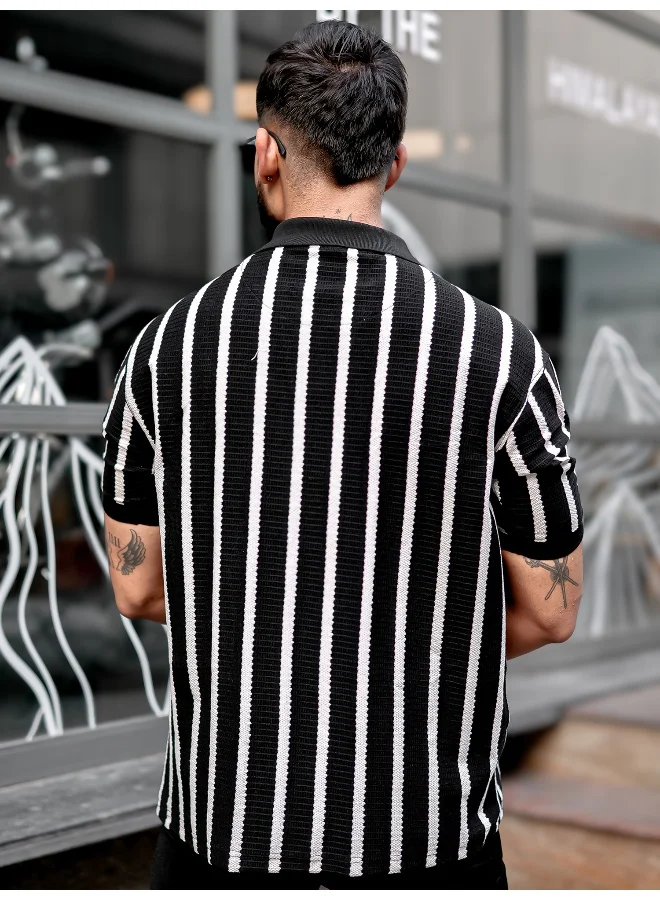 مانياك تيشيرت بولو رجالي مقلم عمودي بأكمام 3/4 أسود بولي قطن مقاس كبير