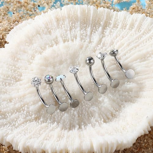 YADOCA 7PCS Floating Belly Button Ring for Women Hypoallergenic Surgical Stainless Steel Belly Rings Internally Threaded CZ Opal Long Bar Navel Barbell Flat Back Belly Piercing 8/10/12/14/16MM Silver Gold - Image 5