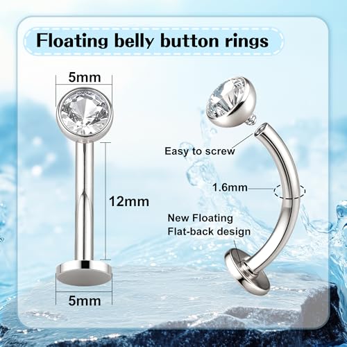 YADOCA 7PCS Floating Belly Button Ring for Women Hypoallergenic Surgical Stainless Steel Belly Rings Internally Threaded CZ Opal Long Bar Navel Barbell Flat Back Belly Piercing 8/10/12/14/16MM Silver Gold - Image 4