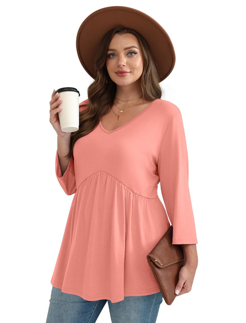 OFEEFAN 3/4 Sleeve T Shirts for Women Business Casual Outfits for Women Spring Tops Summer Outfits School Outfits for Teachers Fall Fashion Beach Vacation Essentials Cowboy Chic Coral L - Image 3