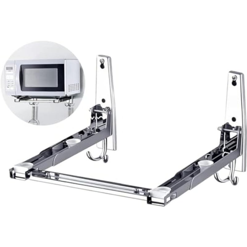 Microwave Oven Wall Mount Bracket, Foldable Stretch Rack For Oven, 304 Stainless Steel Shelf Holder, Stand With Hooks, Load 100 Lb - Image 1