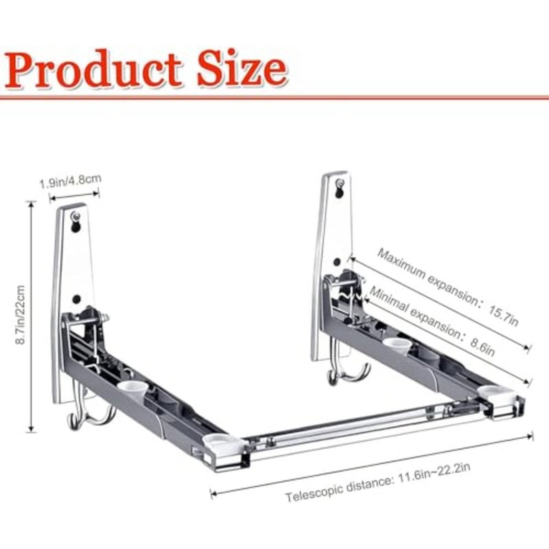 Microwave Oven Wall Mount Bracket, Foldable Stretch Rack For Oven, 304 Stainless Steel Shelf Holder, Stand With Hooks, Load 100 Lb - Image 2