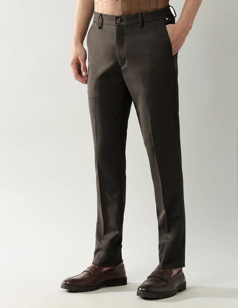 Arrow Dark Brown Slim Fit Dobby Autoflex Trousers for Men | Best Price UAE