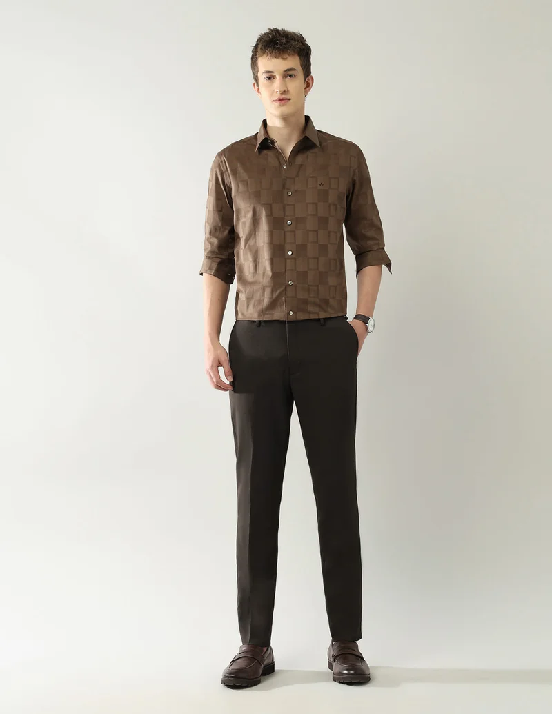 Arrow Dark Brown Slim Fit Dobby Autoflex Trousers for Men | Best Price UAE