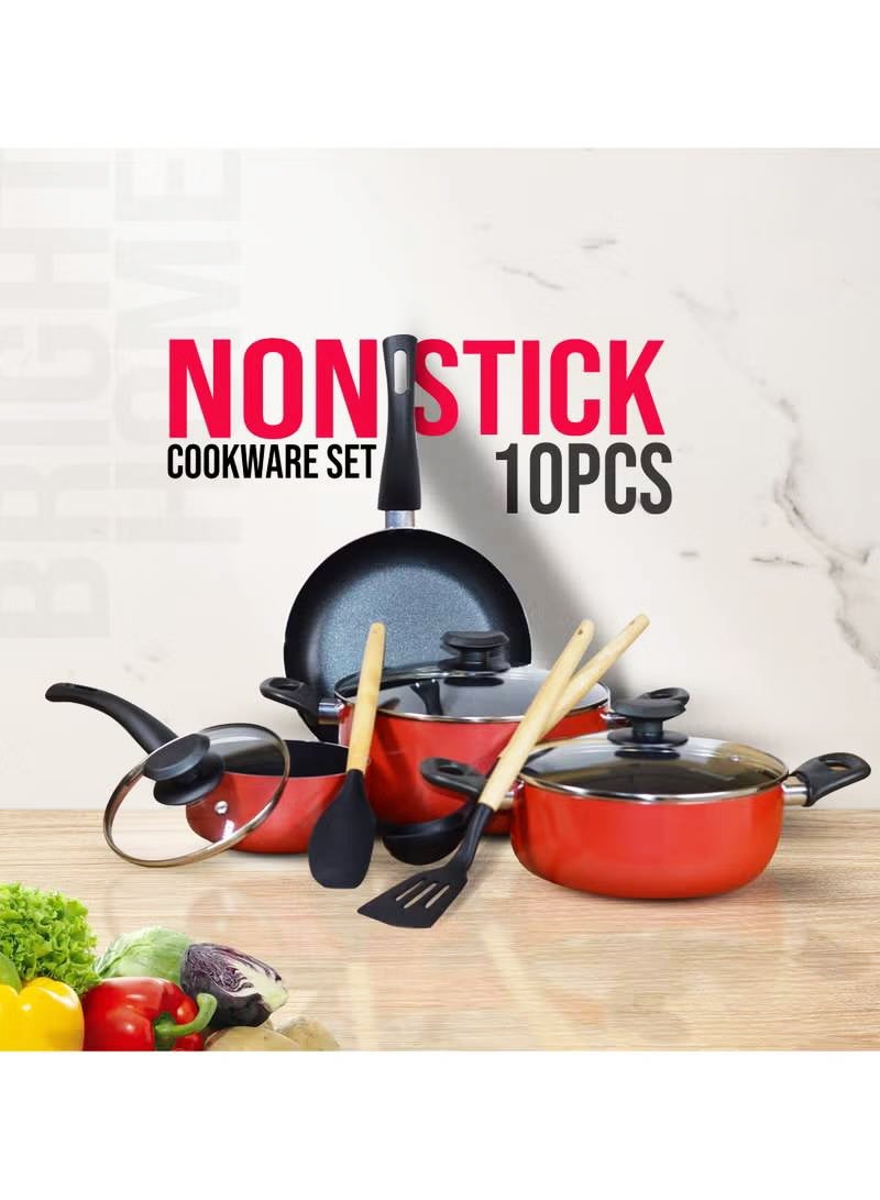 Bright Home Non-Stick Cookware Set – 10 Pieces – Even Heat Distribution, Elegant Design, Easy to Clean, with Glass Lids and Cooking Utensils - Image 1