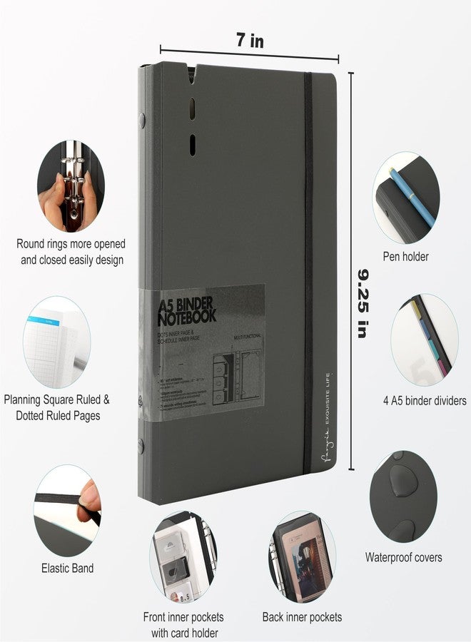 CAGIE A5 Binder 6 Ring Notebook with Dividers Refillable Planner Binder with Pockets, Refill Paper Include Planning Square Ruled and Dotted Pages, 7 x 9.25 in, (Grey and Grey, A7 & A5 Dot Page) - Image 5