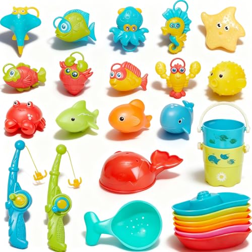 AMCHSURI Baby Bath Toys for Kids Ages 13 26Pcs Mold Free Bath Toys Toddler 24 for Fishing Game Toys with Fishing Rod Net and Storage Bag Water Table Pool Bathtub Toys for Toddlers and Kids Ages 35 48 - Image 1