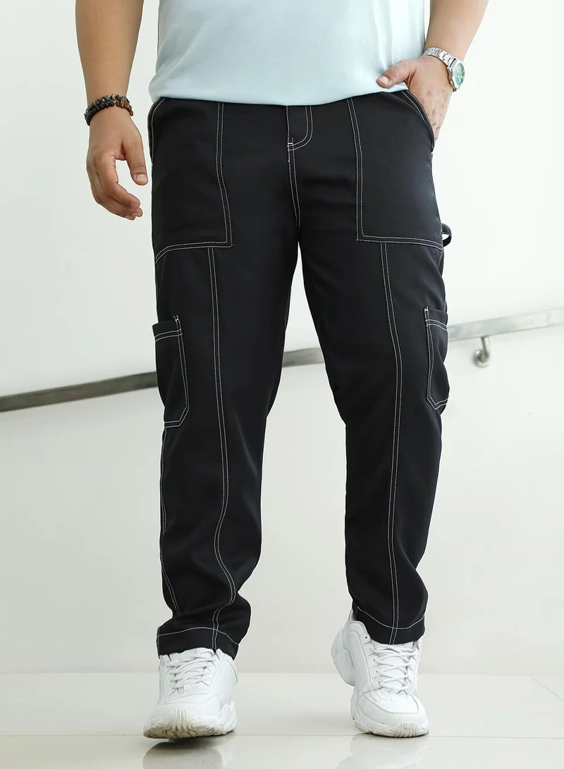 انستافاب بلس Instafab Plus Men's Onyx Black Contrast-Stitch Carpenter Utility Trousers For Casual Wear | Mid-Rise | Straight Fit | Button Closure | Plus Size Trousers Crafted With Comfort Fit For Everyday Wear
