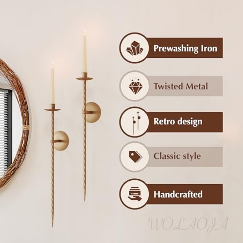 WOLAOJA Candle Wall Sconce Set of 2, Large Twisted Wall Mount Metal Brass Candle Holder Sconces Decor for Living Room Farmhouse Fireplace Wedding 23.5" - Image 2