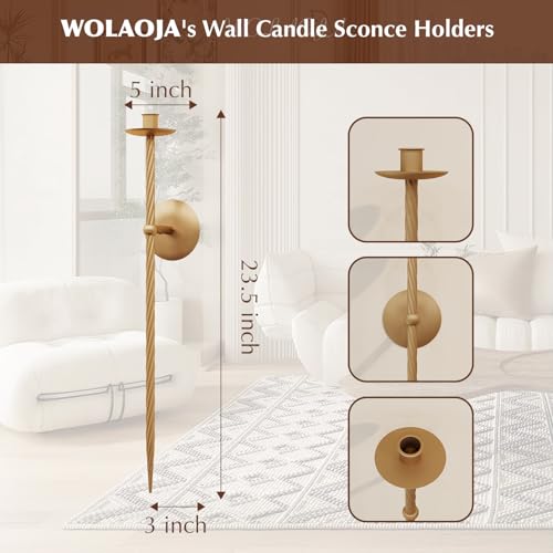WOLAOJA Candle Wall Sconce Set of 2, Large Twisted Wall Mount Metal Brass Candle Holder Sconces Decor for Living Room Farmhouse Fireplace Wedding 23.5" - Image 3